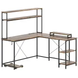 Costway Eckschreibtisch, L-förmiger großer Schreibtisch mit Stauraum, Holz braun
