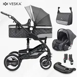 veska VESKA® 3 in 1 Kombi-Kinderwagen inkl. Babyschale, Buggy, Jogger mit Wickeltasche, Moskitonetz, Regencover, Spieltisch, Autoschale Fußsack, QuickFold, Aluminiumrahmen Schwarz - anthrazit/anthrazit