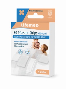 Lifemed® Allround 4 Größen Pflaster-Strips, halbtransparent, Wasserfeste und schmutzabweisende Wundpflaster für eine optimale Wundversorgung, 1 Packung = 50 Pflaster in 4 verschiedenen Größen