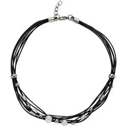 Zeeme Stainless Steel Halskette Leder schwarz mit Stahlkugeln und weißen Perlen