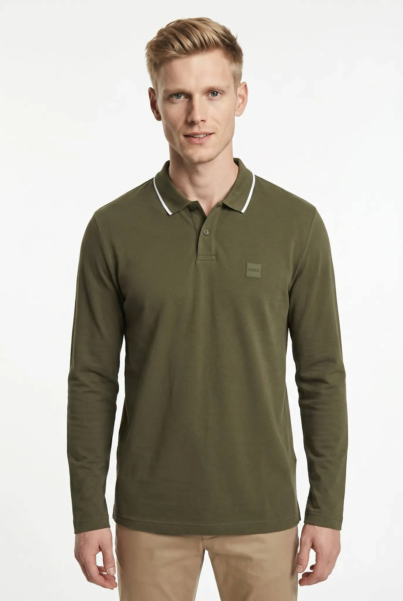 Langarm-Poloshirt BOSS ORANGE, Herren, Gr. XXL, grün (bright grün325), Jersey, Obermaterial: 100% Baumwolle, unifarben, regular fit normal, Rundhals, abgesteppte Kante, Shirts, Regular Fit, reine Baumwolle, BOSS-Label