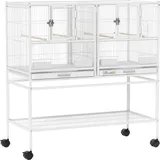 PawHut Großer Vogelkäfig mit Trennwand, Doppelkäfig mit Rollen, 4 Futternäpfe, 4 Sitzstangen, Ablage, 2 herausnehmbare Schalen, für Wellensittiche, Unzertrennliche, Kanarienvögel, 95x45,5x102 cm, Weiß   Aosom