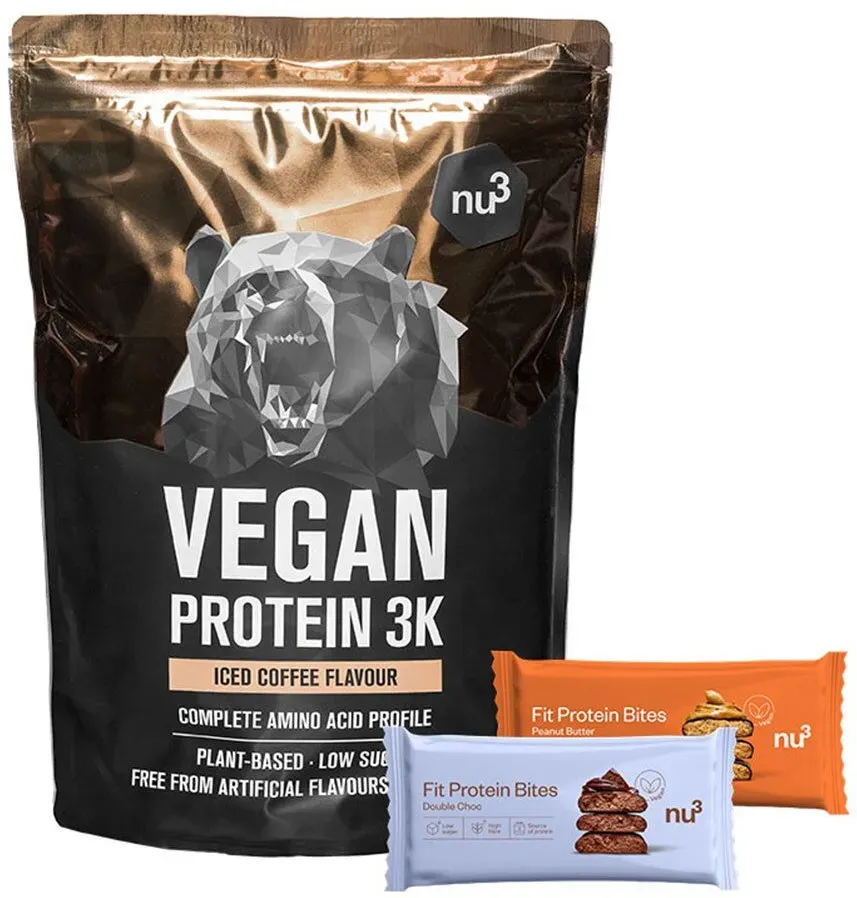 nu3 Vegan Protein 3K Shake, Iced Coffee + Fit Protein Bites Peanut Butter + Fit Protein Bites Double-Choc