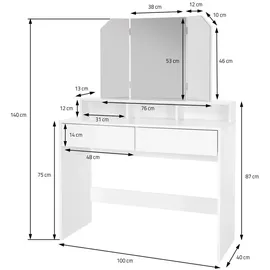 ML-Design - Schminktisch, Frisiertisch Mit 3-tlg. Klappspiegel Und 2 Schubladen, 100 X 40 X 140 Cm, Weiß, Modern, Kosmetiktisch Mit 3 Offenen Fächern, Frisierkommode Schminkkommode Kommode Make-up Tisch