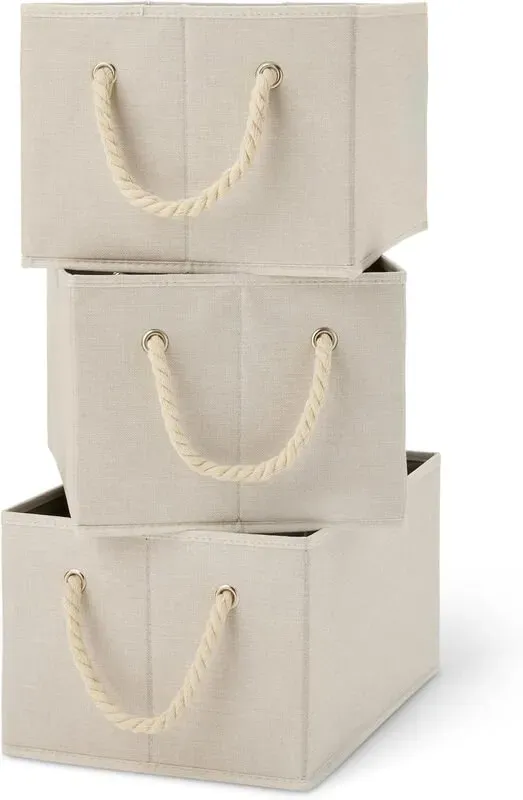 ANQI Faltbare Aufbewahrungsboxen mit Seilgriffen, Leinen, 3er-Pack