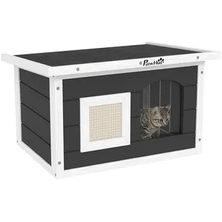 PawHut Katzenhaus aus Holz mit Kratzmatte herausnehmbar Boden Katzenhöhle Katzenkiste Katzenbox Outdoor Schutzhütte für Draußen Garten 61x45x36,5 cm, Grau