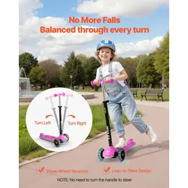 Vevor Scooter (3 Räder) ab 3 Jahren, Cityroller Kinderroller mit leuchtenden Rädern & höhenverstellbarem Lenker & rutschfestem Deck & leichtem Aluminiumrahmen, Tretroller bis zu 75 kg, Pink