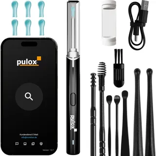 PULOX EC-95 Ohrreiniger Ohrenschmalzentferner mit HD-Kamera, LEDs und 6 Silikon-Köpfen, Übertragung auf Smartphone-App via Wifi
