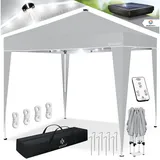Kesser Pavillon Faltpavillon 3x3m mit led Beleuchtung Solar Fernbedienung Gartenzelt Höhenverstellbar & Wasserdicht + Tasche Bodenanker Hellgrau