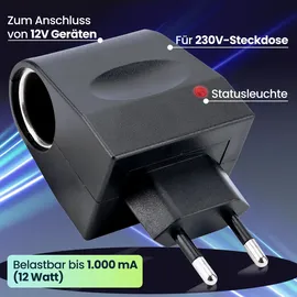 casativo-power Spannungswandler, kompakt u. praktisch, 230V auf 12V, 1000mA / 12 Watt, schwarz, Kleinstgeräte mit bis zu 12 Watt und Zigarettenanzünder-Anschluss überall verwenden