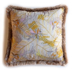 Casa Padrino Luxus Deko Kissen Blätter Design Mehrfarbig / Braun 45 x 45 cm - Bedrucktes Samt Kissen mit Fransen - Deko Accessoires
