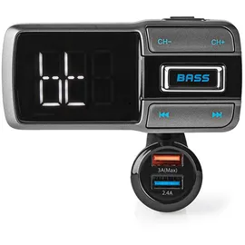 Nedis Audio Transmitter - Bluetooth 5.0 UKW-Sender für Playlists - Freisprechfunktion - 2 USB-Ladeanschlüsse (3.0A, 2.4A) - Flexibler Schwanenhals - LED-Display