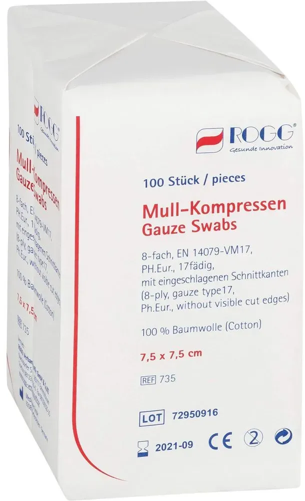 ROGG MULLKOMPRESSEN 7,5x7,5 cm unsteril 8fach 100 St