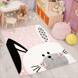 carpet city Kinderteppich Bubble Kids Flachflor Schlappohr-Hase, weiß gepunktet in Rosa für Kinderzimmer; Größe: 160x225 cm