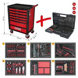 KS Tools RACINGline SCHWARZ/ROT Werkstattwagen mit 7 Schubladen und 598 Premium-Werkzeugen