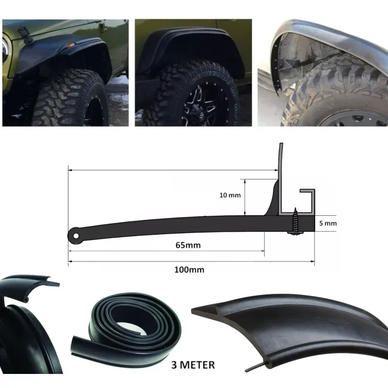 Gummiverbreiterung für Radläufe / Kotflügel-Aufsatz für Offroad, Geländewagen, SUV, Kleinbus, Auto 6.5cm x 3m schwarz