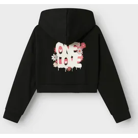 NAME IT Kapuzensweatshirt NAME IT "NKFKORY LS CROP BOXY SWE WH BRU PS NOOS", Mädchen, Gr. 158/164, schwarz, Sweatware, Obermaterial: 60% Baumwolle, 40% Polyester, bedruckt, relaxed fit normal, ohne Ausschnitt, Rippbündchen, Sweatshirts