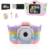 NMM Kinderkamera, Fotoapparat Kinder mit 1080P HD, Kinder Digitalkamera mit 2,0-Zoll-Bildschirm, 64 GB Speicherkarte, Spielen, Selfie und Filtern, Kids Kamera ab 3-6 8-12, Weihnachten Spielzeug