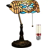 Uziqueif Klassische Bankerlampe Retro, Tiffany tischlampe, tischlampe mit zugschalter, Lampenschirm Glas, Tischleuchte Für Büro, Nachttischlampe