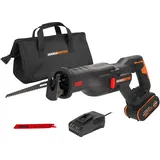 Worx WX516 Nitro Akku-Säbelsäge 20V - leistungsstark bürstenloser Motor - schneller Sägelblattwechsel - variable Schnittgeschwindigkeit - LED Licht - inkl. 4Ah Akku, Schnellladegerät & 2 Sägeblätte