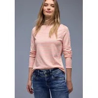 STREET ONE Langarmshirt STREET ONE, Damen, Gr. 38, light apricot, Jersey, Obermaterial: 100% Baumwolle, gestreift, tailliert hüftbedeckend, U-Boot-Ausschnitt, Shirts Langarmshirt, in Streifen-Optik