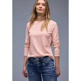 STREET ONE Langarmshirt STREET ONE, Damen, Gr. 38, light apricot, Jersey, Obermaterial: 100% Baumwolle, gestreift, tailliert hüftbedeckend, U-Boot-Ausschnitt, Shirts Langarmshirt, in Streifen-Optik