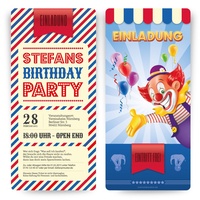 Einladungskarten zum Geburtstag (10 Stück) als Zirkus Ticket Eintrittskarte Clown Jahrmarkt