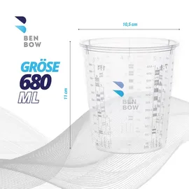 Benbow Profi-Messbecher mit Deckel 50x 680ml mit vielfältiger Skalierung - Becher mit Skala, Lackmischbecher, Meßbecher, Lackbecher