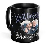 Tassendruck Schwarze Tasse mit Spruch für den weltliebsten Schwiegerpapa - Tasse mit Foto selbst gestalten - Geschenk für Schwiegerpapa, Fotogeschenk Familie | Schwarze Fototasse, 300 ml