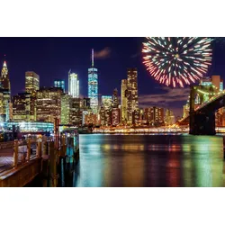 Fototapete PAPERMOON "MANHATTAN-NEW YORK BROOKLYN BRIDGE FEUERWERK SKYLINE", bunt, B:3,00m L:2,23m, Vlies, Tapeten
