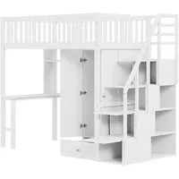 xixiworkshop Kinderbett Hochbett 90 * 200cm mit Schreibtisch/Kleiderschrank/Stauraum Treppen, Bett für Mädchen Jungen Hochbett Rausfallschutz ohne Matratze(Weiß)