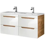 Lomadox Badmöbel Waschtisch Set in weiß Hochglanz & Wotan Eiche Nb., Keramikwaschbecken, 120 cm Waschtischunterschrank 4 Softclose-Schubkästen