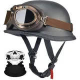 Deutsche Motorrad Jethelm ECE-Zertifizierung, Vintage Halbhelme Halbschalenhelm mit Schutzbrille Chopper Helm für Cruiser Street Scooter mit Schnellverschlussschnallen 22.4-25.2in