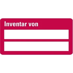 Inventaretikett Inventar von, zweizeilig, rot, Dokumentenfolie, 60x30mm, 9/Bogen