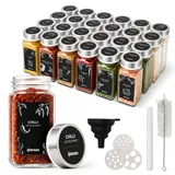 CLP Gewürzgläser eckig 24er Set (120ml), Gewürzstreuer klein mit Streueinsätzen und Etiketten, inkl. Trichter und Reinigungsbürste Farbe Silber Material Edelstahl