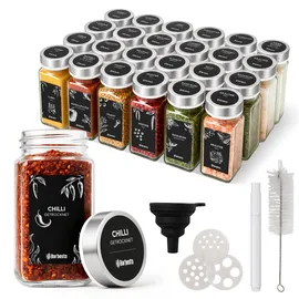 CLP Gewürzgläser eckig 24er Set (120ml), Gewürzstreuer klein mit Streueinsätzen und Etiketten, inkl. Trichter und Reinigungsbürste Farbe Silber Material Edelstahl