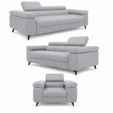 Inter Polstergarnitur Set Utah Samt 3-Sitzer + 2-Sitzer + Sessel Silbergrau