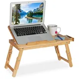 Relaxdays Laptoptisch, klappbarer Betttisch aus Bambus, höhenverstellbar & neigbar, Lüftungsschlitze & Schublade, natur,