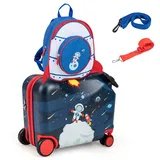 GOPLUS Kinderkoffer mit Rucksack, Kids Trolley, Kindergepäck mit Rollen, Reisekoffer mit Teleskopgriff, Hartschalenkoffer für Kinder, Kindertrolley Farbwahl (Dunkelblau-Astronaut, 12"+18")