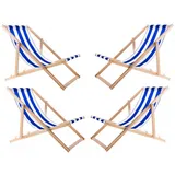 4 Liegestuhlset Strandliege Sonnenliege Holz Gartenliege Weiß / Blau