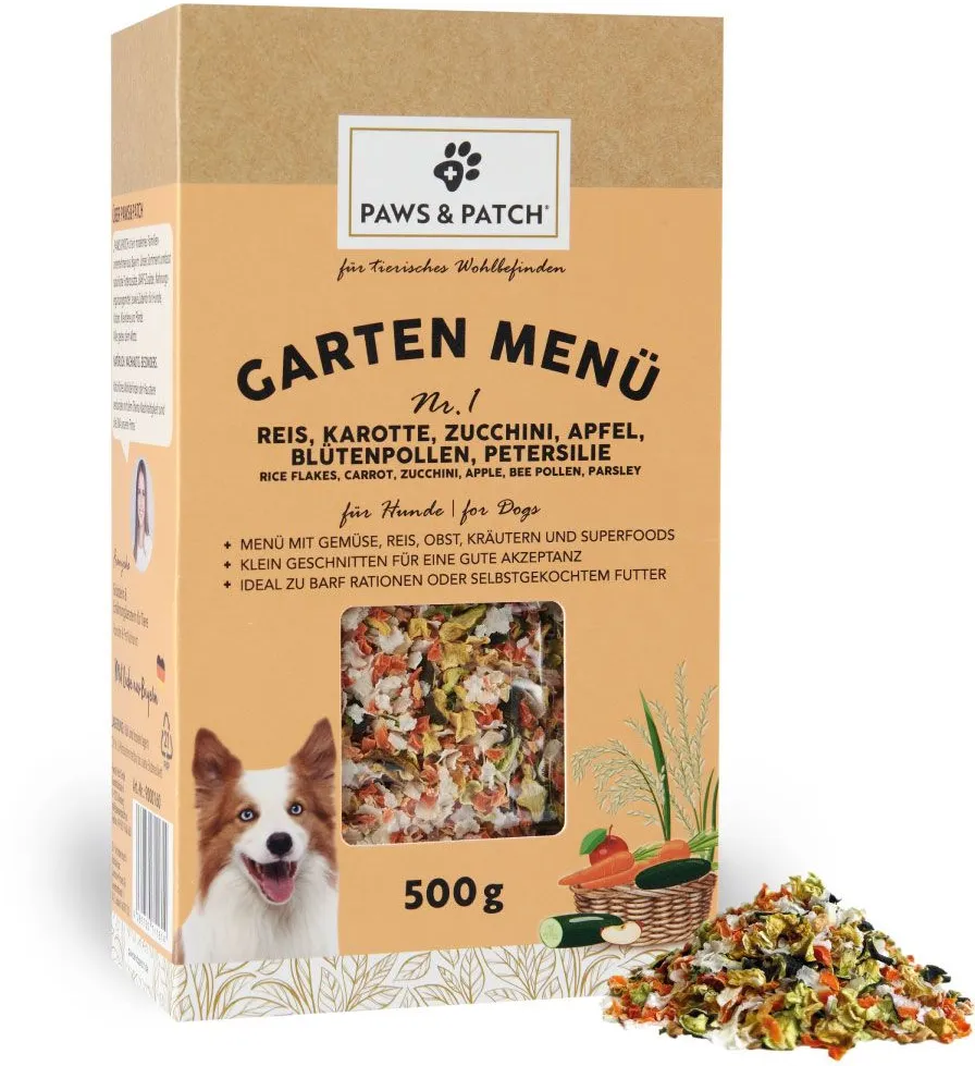 Garten Menü Nr. 1 für Hunde - Reis, Karotte, Zucchini, Apfel, Blütenpollen, Petersilie Flocken 500 g