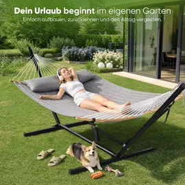 Sekey Hängemattengestell Hängematte mit Gestell Doppelhängematte für 2 Personen mit Kissen bis 200 kg belastbar Ständer für Garten Outdoor St... - Grau
