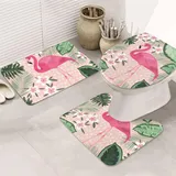 ROOZEE Flamingo Flanell rutschfeste Badteppiche Set - Dekorative Badematten Set 3-teilig