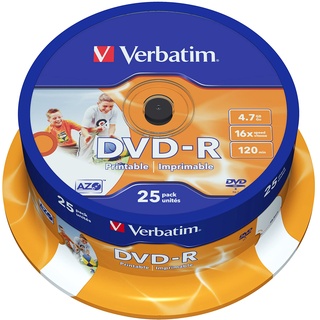 Verbatim DVD-R Wide Inkjet Printable 4.7GB, 25er Pack Spindel, DVD Rohlinge bedruckbar, 16-fache Brenngeschwindigkeit & Hardcoat Scratch Guard, DVD-R Rohlinge printable, DVD leer