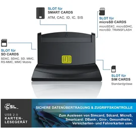 CSL USB Chipkartenleser - SmartCard Reader - Cardreader - smart Card Reader - unterstützt Smart Cards und SIM Cards, Sdcard, Micro Sd