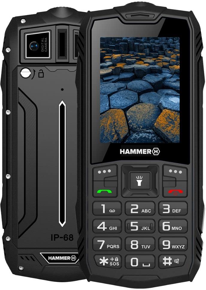 Hammer H Basalt Outdoor Handy ohne Vertrag, 2.4 Zoll Farbdisplay, Robust, Mega Batterie 1800 mAh, Wasserdicht (IP68), Stoßfest, Baustellen Tasten, Taschenlampe, Dual SIM, Tastenhandy - Schwartz