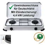 Bluecraft Camping-Gas-Kocher Mobi 2-flammig weiss mit Zündsicherung, Gasschlauch und Gas...