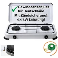 BlueCraft Camping-Gas-Kocher Mobi 2-flammig weiss mit Zündsicherung, Gasschlauch und Gas...