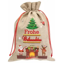 Weihnachtsgeschenksack Tannenbaum Kamin 30x40cm Jute, Weihnachtsmann Rentier