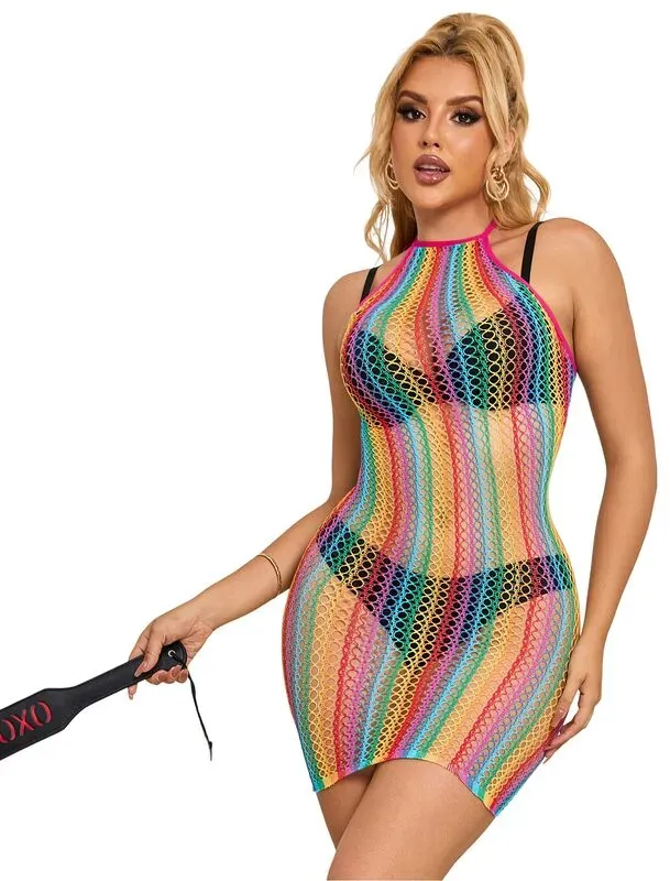 SUBBLIME  952341 Regenbogen Netz-Kleid One Size (Einheitsgröße)
